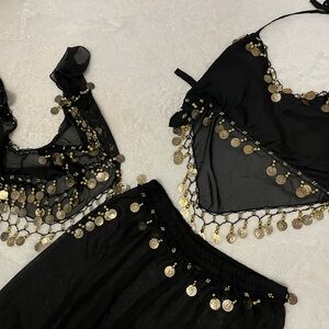 Halloween Belly Dance Gypsy Costume Gold Coins 3piece pants top belt Xs/Small